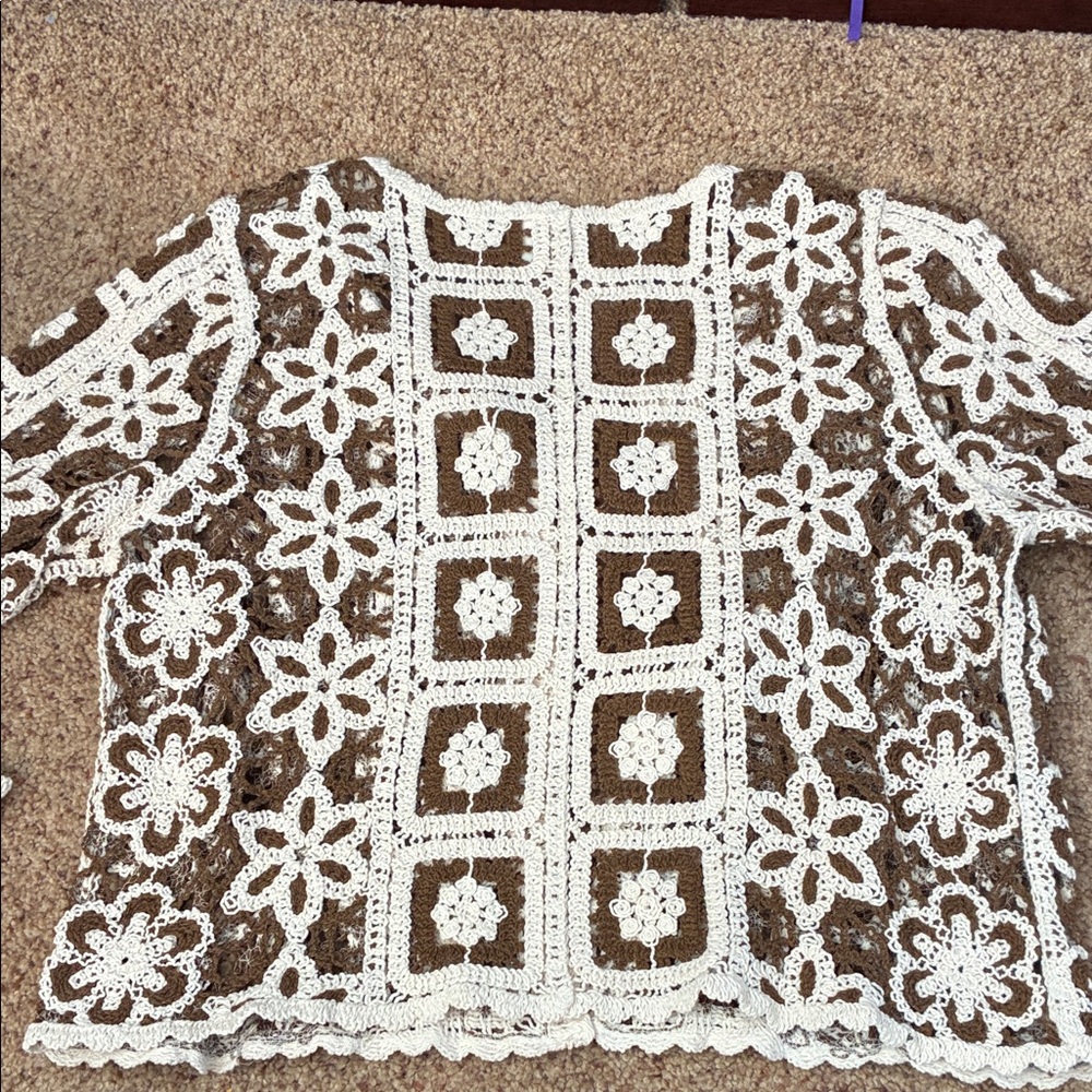 Ultra Pink cardigan crochet granny squares boho medium brown/tan 100% cotton - Picture 7 of 7
